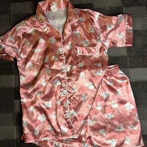 Pink Satin Pajama Set with Cartoon Print - 10